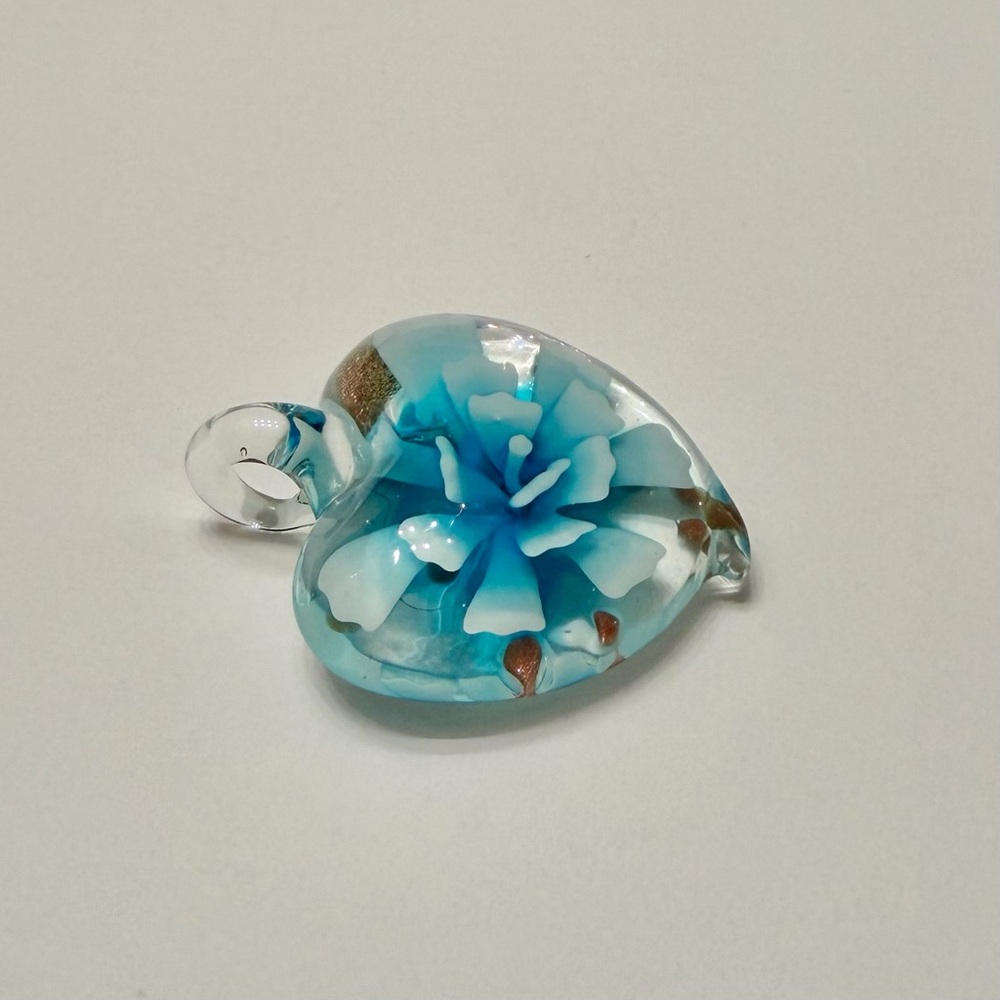 Blue Ombré Flower in Hand-Blown Glass Heart Implosion Art Glass Necklace Pendant - Picture 2 of 6